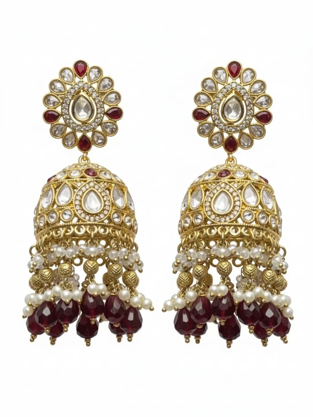 Gold and Maroon Jhumka Earrings - Elegant Women Jewelry